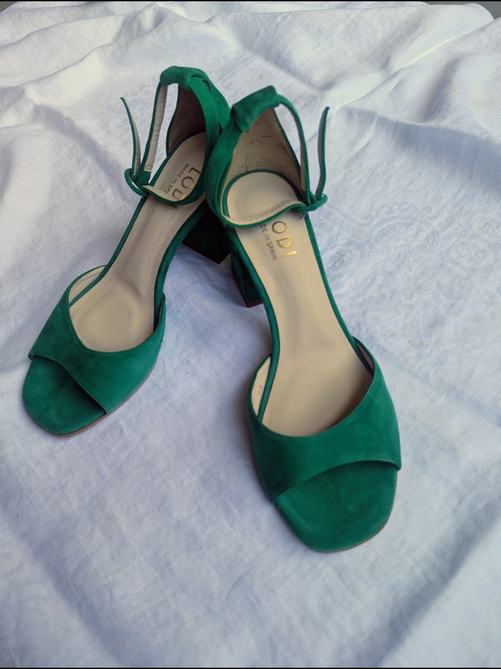 Green Suede Block Heel Sandals